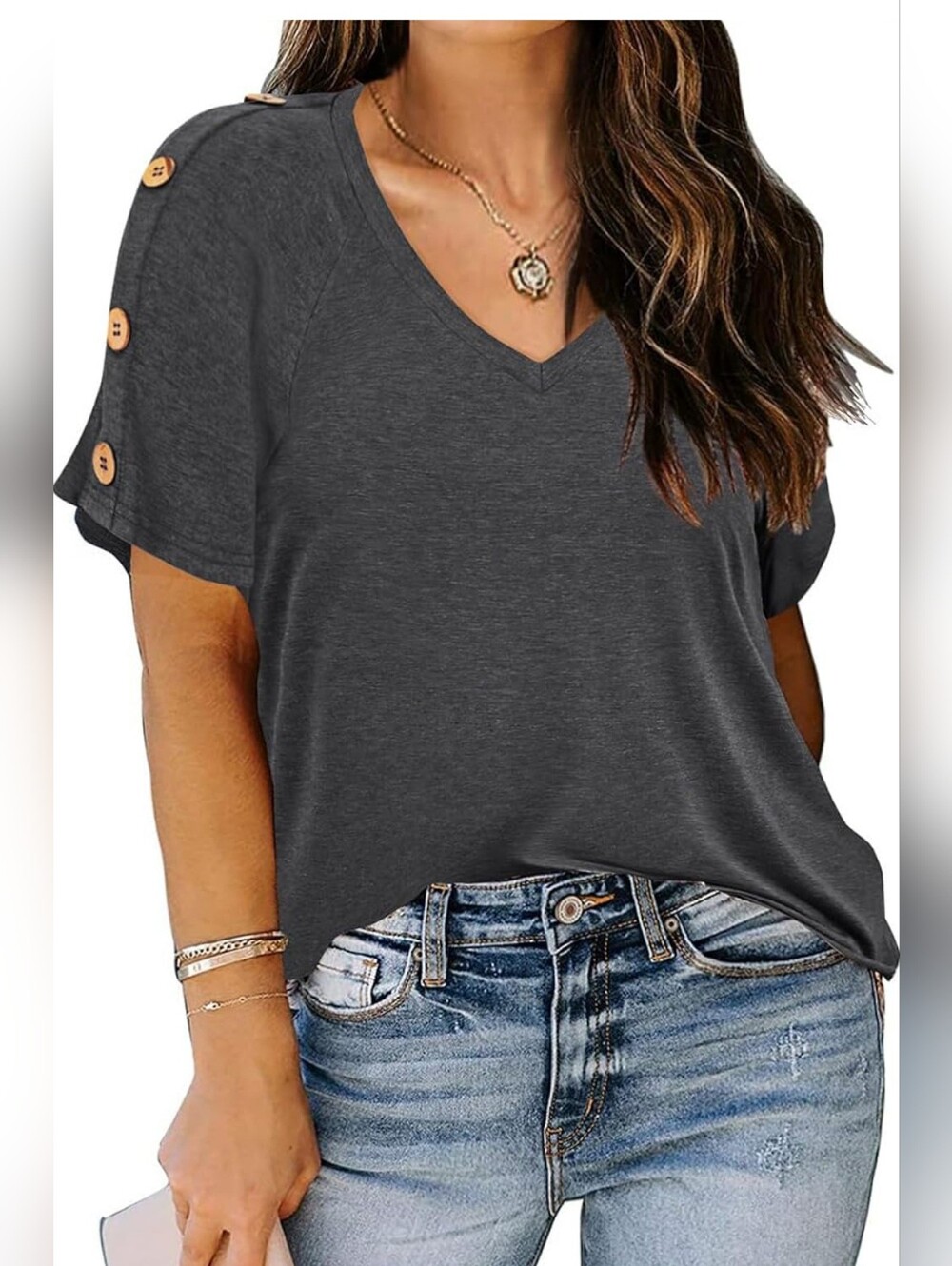 Short Sleeve Button V-neck Tunic Dark Grey Xl